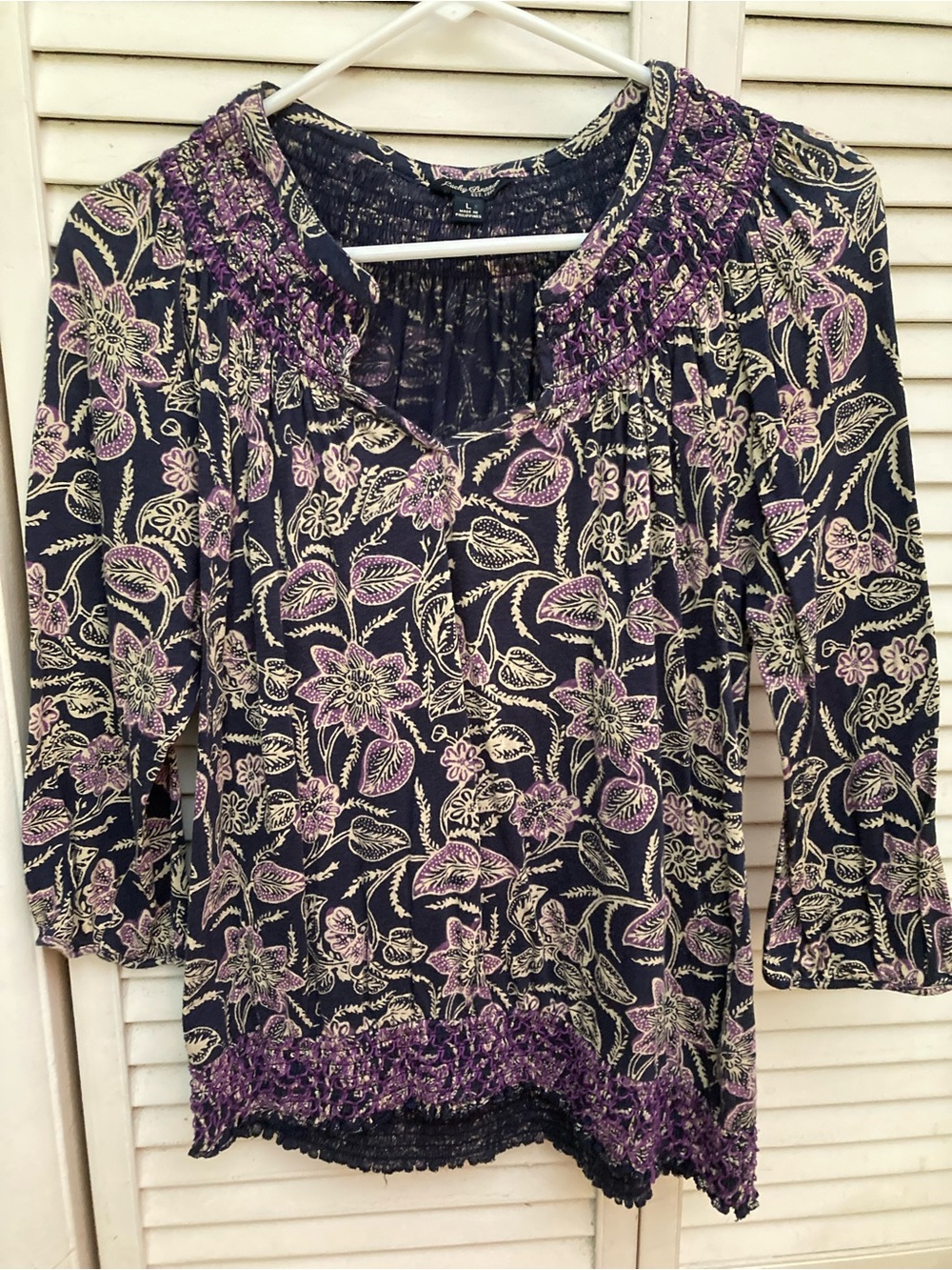 Lucky Brand Black Floral Smocked Blouse with Purple Accents
